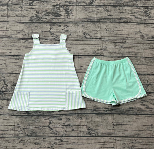 1.17 GSSO3110 Sample No Moq Baby Girls Strap Green Stripe Pockets Tunic Shorts Clothes Sets