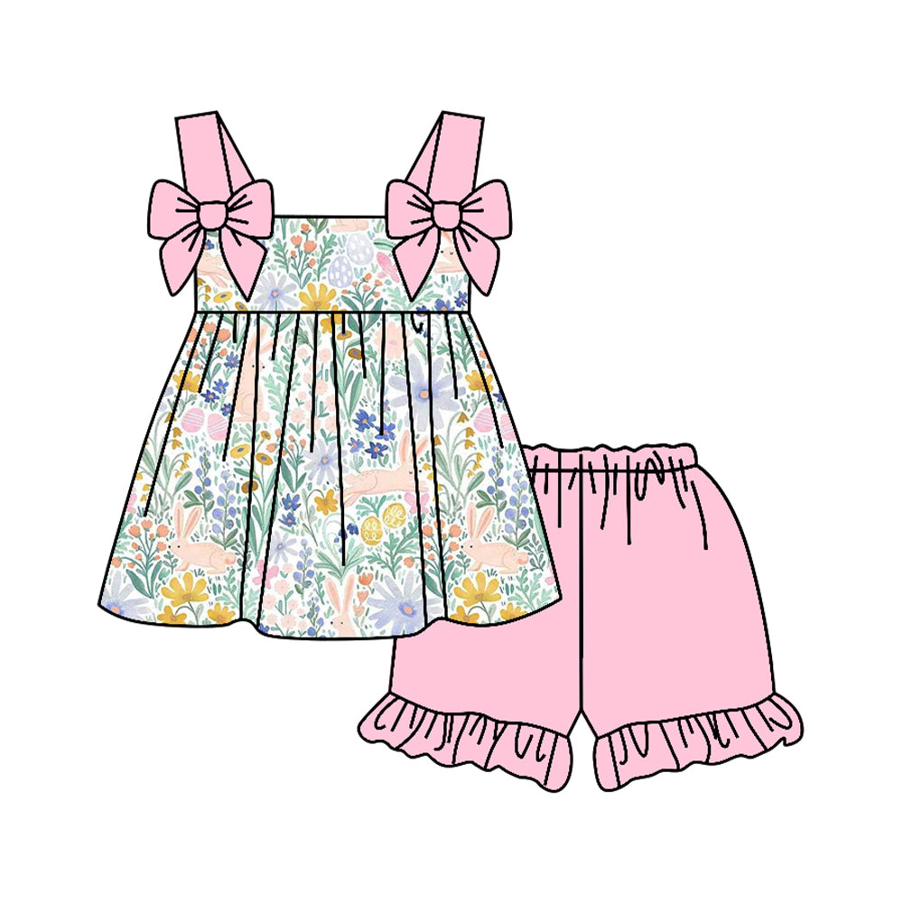 1.6 GSSO3112 Pre order No Moq Baby Girls Bows Strap Flower Rabbits Tunic Ruffle Shorts Easter Clothes Sets