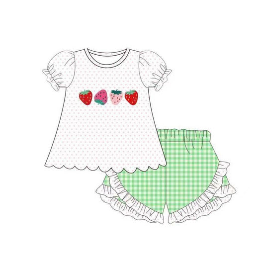 1.6 GSSO3113 Pre order No Moq Baby Girls Polka Dots Strawberry Tunic Checked Ruffle Shorts Clothes Sets