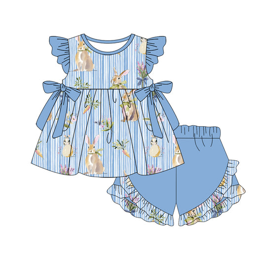 1.6 GSSO3114 Pre order No Moq Baby Girls Blue Stripe Carrot Rabbits Tunic Ruffle Shorts Easter Clothes Sets
