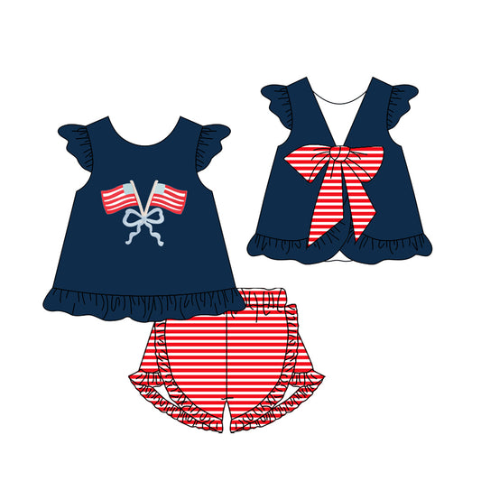 1.6 GSSO3116 Pre order No Moq Baby Girls Flags Back Bows Tunic Stripe Ruffle Shorts 4th of July Clothes Sets