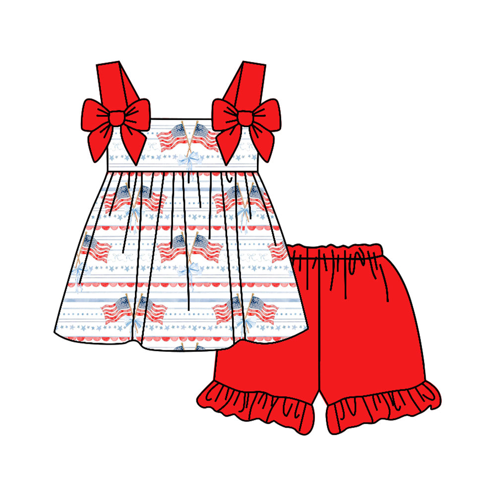 1.6 GSSO3117 Pre order No Moq Baby Girls Bows Strap Flags Stripe Tunic Ruffle Shorts 4th of July Clothes Sets