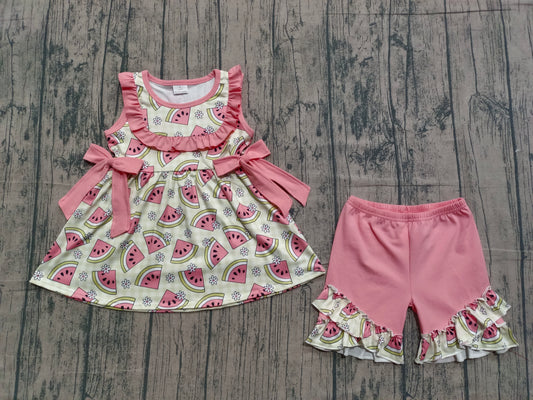 1.21 GSSO3118 Sample No Moq Baby Girls Green Checked Flowers Watermelons Tunic Ruffle Shorts Clothes Sets