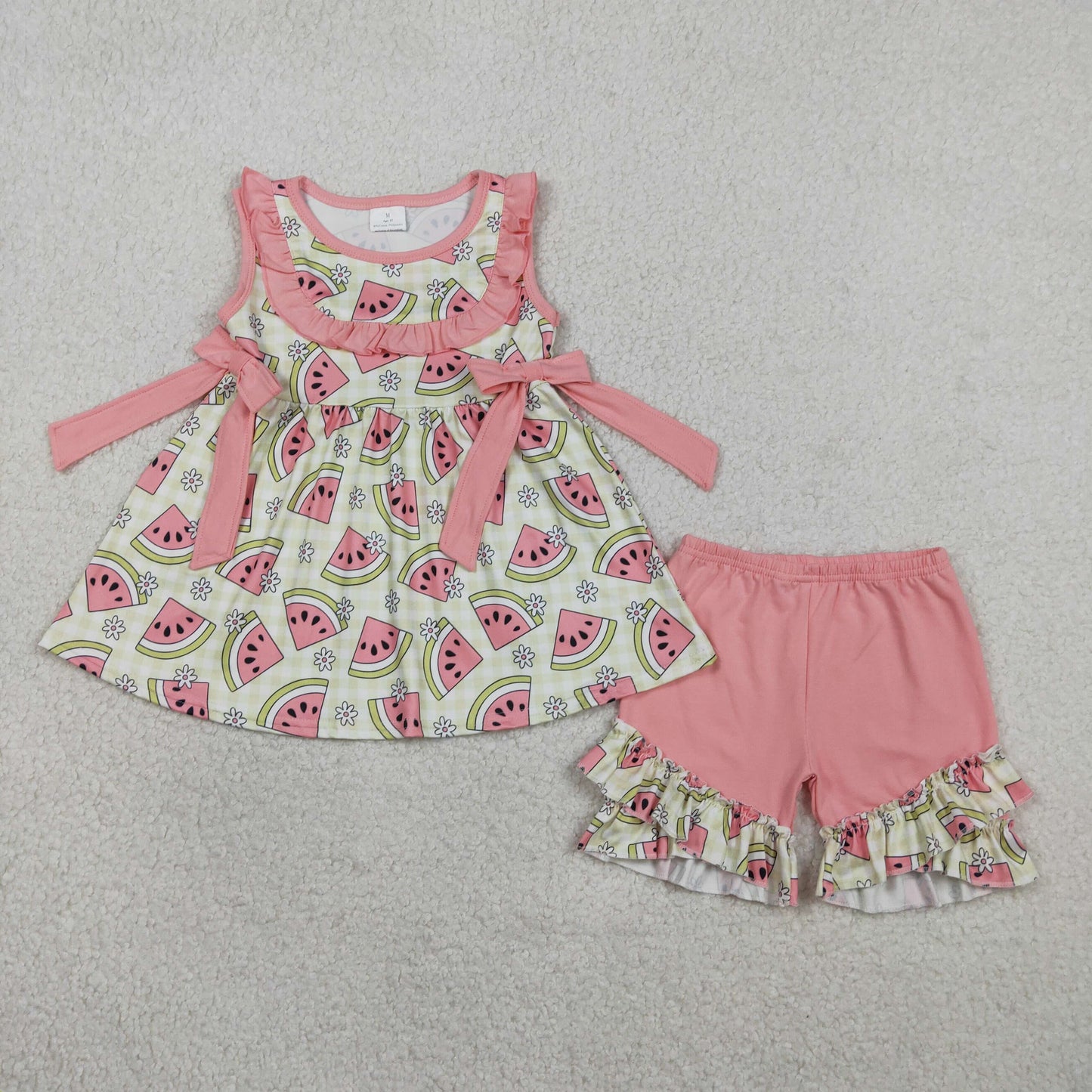 2.4 RTS NO MOQ （In stock）GSSO3118 Baby Girls Green Checked Flowers Watermelons Tunic Ruffle Shorts Clothes Sets