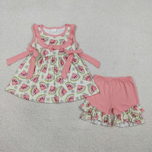 2.4 RTS NO MOQ （In stock）GSSO3118 Baby Girls Green Checked Flowers Watermelons Tunic Ruffle Shorts Clothes Sets