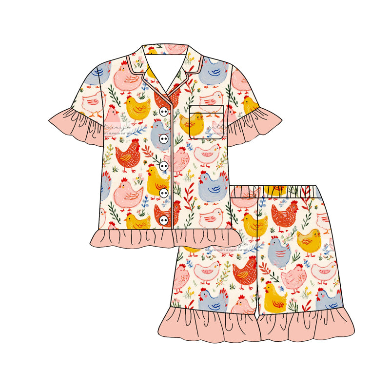 1.6 GSSO3121 Pre order No Moq Baby Girls Flower Chicks Button Pocket Top Ruffle Shorts Farm Pajamas Sets