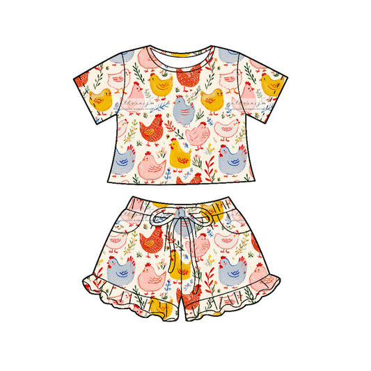 1.6 GSSO3122 Pre order No Moq Baby Girls Flowers Chicks Top Pockets Ruffle Shorts Farm Clothes Sets