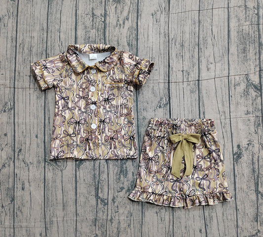 1.23 GSSO3126 Sample No Moq Baby Girls Southern Olive Camo Button Pocket Top Ruffle Shorts Pajamas Sets