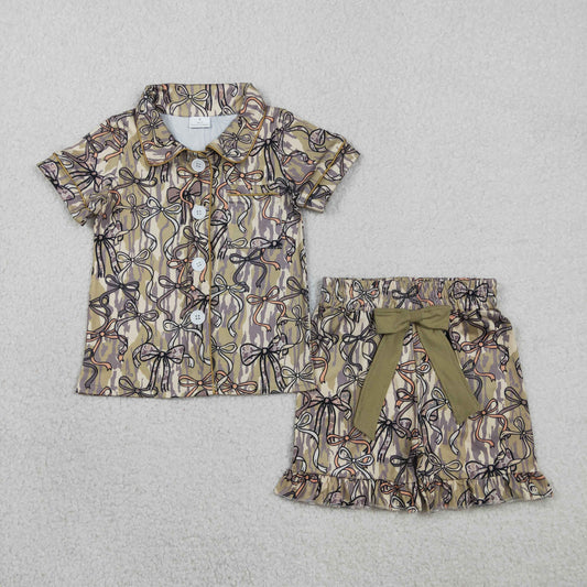 2.7 RTS NO MOQ （In stock）GSSO3126 Baby Girls Southern Olive Camo Bows Button Pocket Top Ruffle Shorts Pajamas Sets