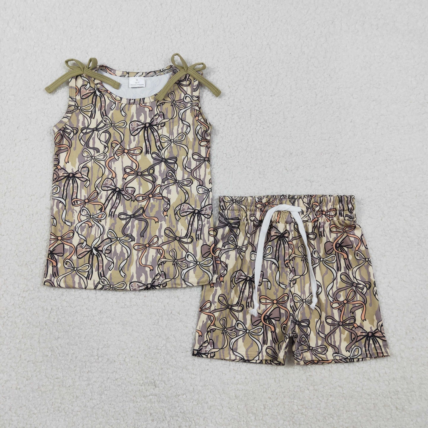 1.23 RTS NO MOQ （In stock）GSSO3127 Baby Girls Sleeveless Southern Olive Camo Bows Top Shorts Clothes Sets