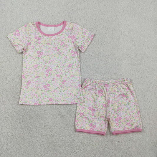 2.10 RTS NO MOQ （In stock）GSSO3129 Kids Clothing for Girls Baby Girls Short Sleeve Pink Flowers Top Shorts Pajamas Clothes Sets