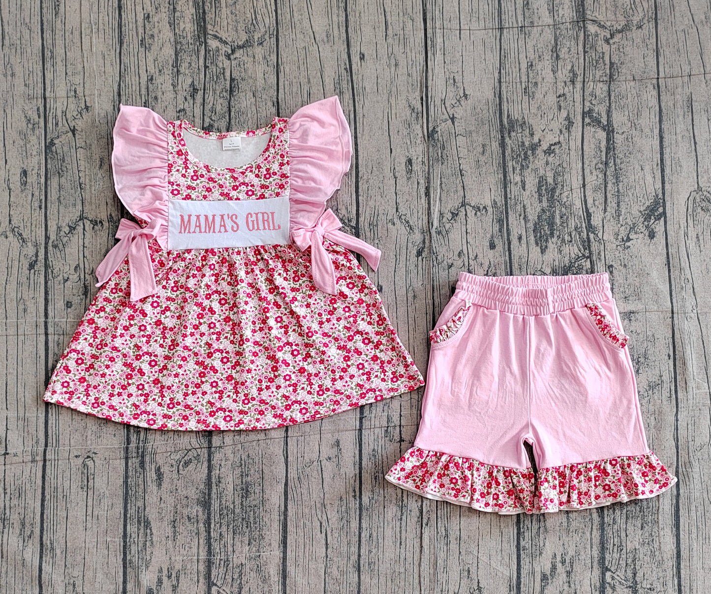 3.11 GSSO3131 Sample No Moq Baby Girls Summer Embroidery Mama's Girls Flowers Tunic Pockets Ruffle Shorts Clothes Set