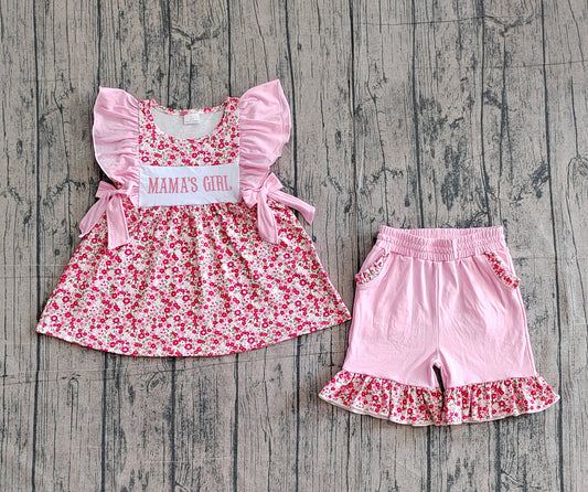 3.11 GSSO3131 Sample No Moq Baby Girls Summer Embroidery Mama's Girls Flowers Tunic Pockets Ruffle Shorts Clothes Set