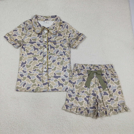 3.12 RTS NO MOQ （In stock）GSSO3135 Adult Women Southern Dogs Camo Button Pocket Top Ruffle Shorts Pajamas Set
