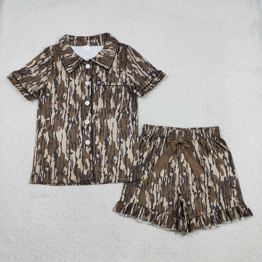 1.31 RTS NO MOQ （In stock）GSSO3136 Adult Women Southern Olive Camo Button Pocket Top Ruffle Shorts Pajamas Set