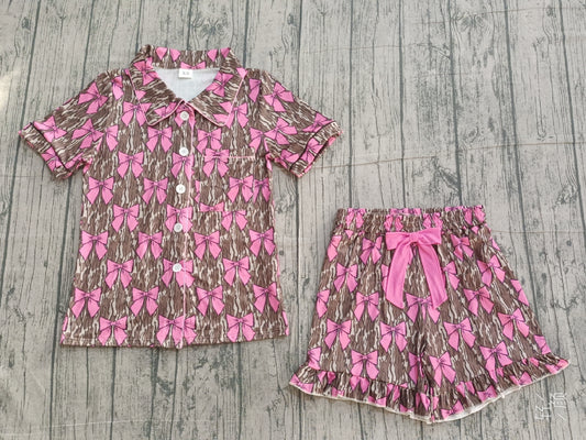 1.12 RTS NO MOQ （In stock）GSSO3137 Adult Women Southern Olive Camo Bows Button Pocket Top Ruffle Shorts Pajamas Set