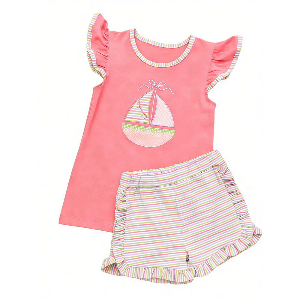 1.9 GSSO3155 Pre order No Moq Baby Girls Flutter Sleeve Bow Boats Top Stripe Ruffle Shorts Clothes Sets