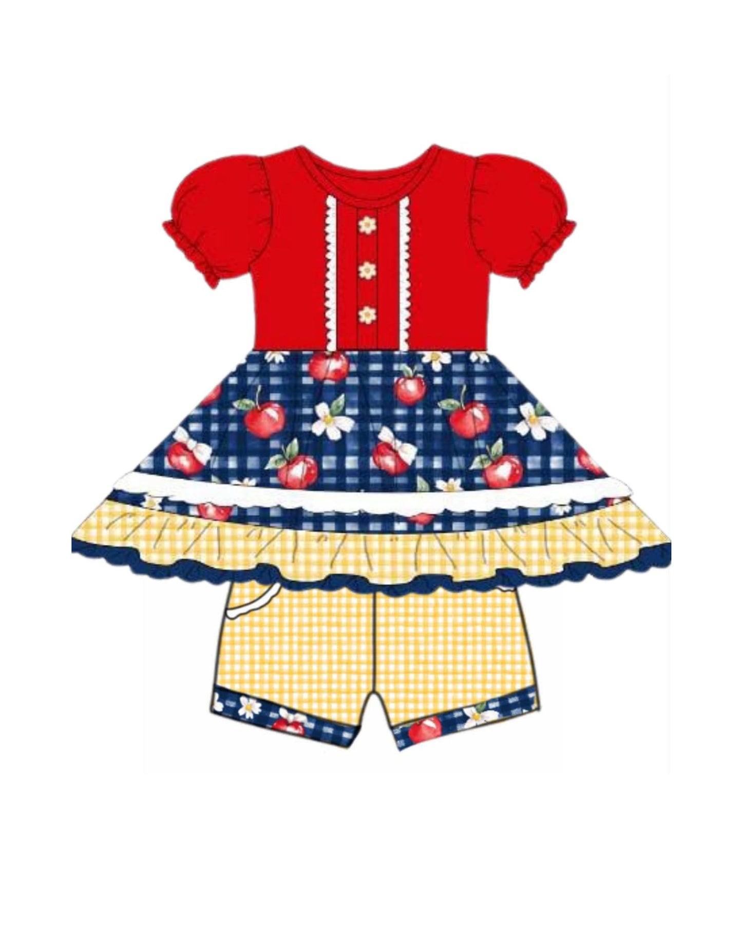 1.9 GSSO3156 Pre order No Moq Baby Girls Bows Apples Tunic Pockets Shorts Back to School Clothes Sets