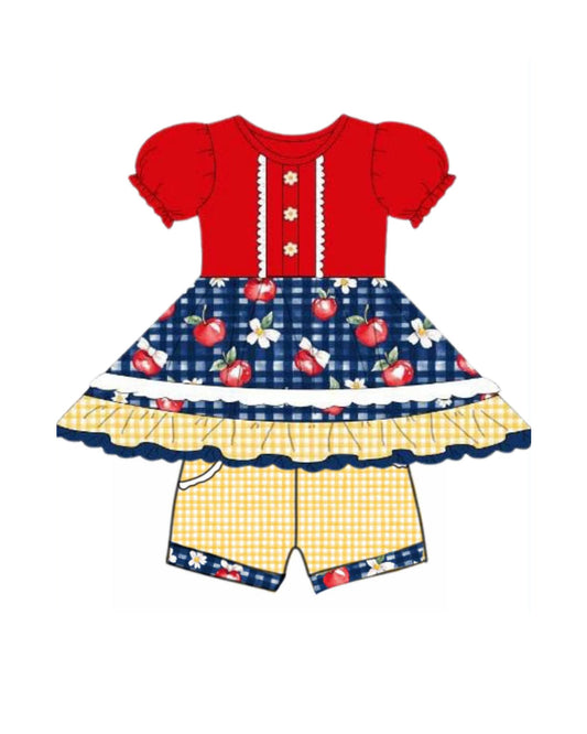 1.9 GSSO3156 Pre order No Moq Baby Girls Bows Apples Tunic Pockets Shorts Back to School Clothes Sets