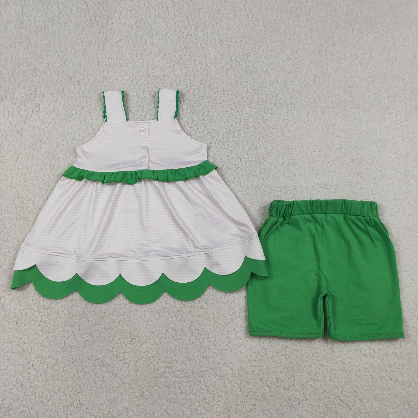 GSSO3164 RTS NO MOQ （In stock）Pink stripe watermelon scallop tunic ruffle shorts girls outfits
