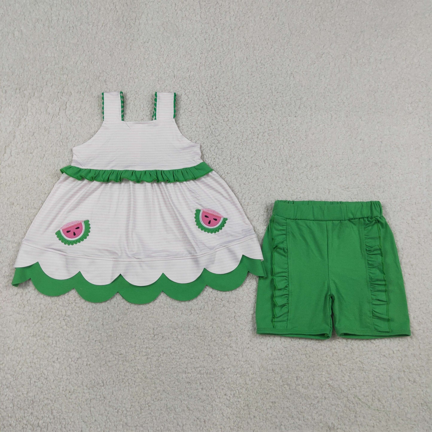 GSSO3164 RTS NO MOQ （In stock）Pink stripe watermelon scallop tunic ruffle shorts girls outfits