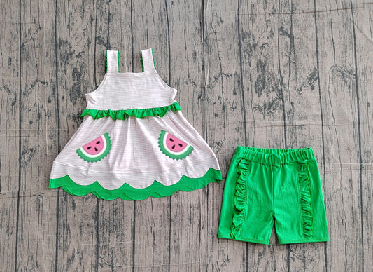 3.10 GSSO3164 Sample No Moq Baby Girls  Strap Pink Green Stripe Watermelons Tunic Ruffle Short Clothes Sets