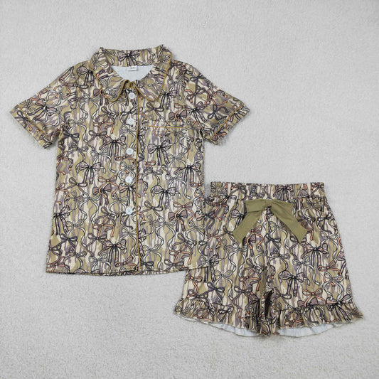 2.7 RTS NO MOQ （In stock）GSSO3166 Adult Women Southern Olive Camo Bows Button Pocket Top Ruffle Shorts P