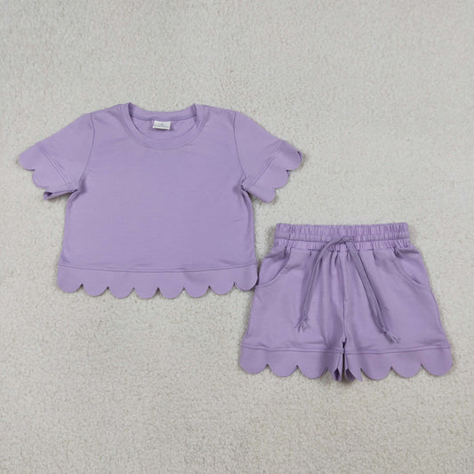 3.24 RTS NO MOQ （In stock）GSSO3171 Kids Clothing for Baby Girls Short Sleeve Lavender Shirt Pockets Shorts Scallop Clothes Sets