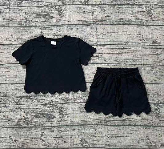 1.26 GSSO3172 Sample No Moq Baby Girls Short Sleeve Black Shirts Top Scallop Shorts Clothes Sets