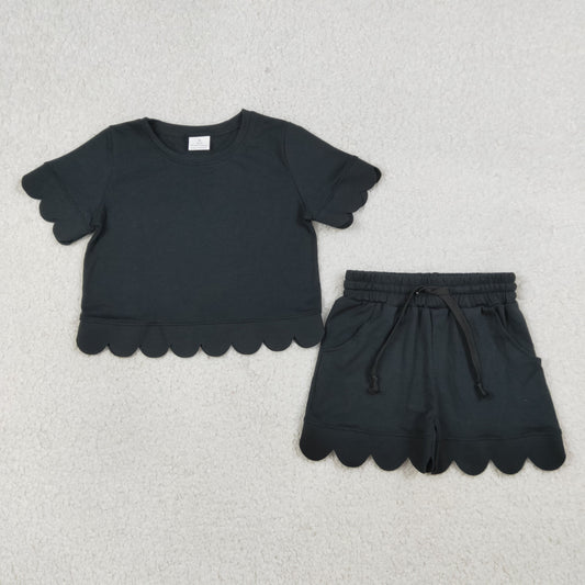 3.23 RTS NO MOQ （In stock）GSSO3172 Kids Clothing for Baby Girls Short Sleeve Black Shirts Top Shorts Scallop Clothes Sets