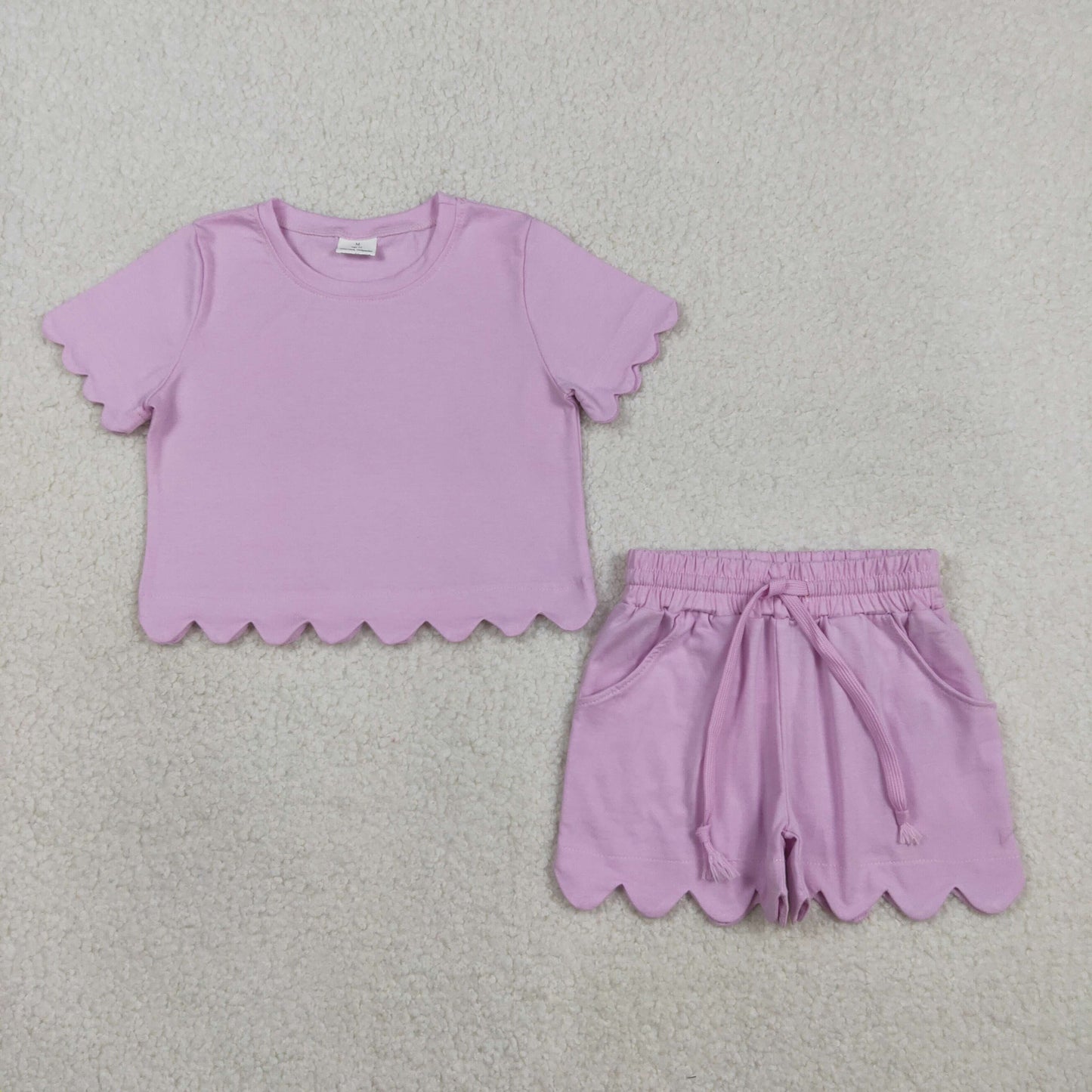 3.7 RTS NO MOQ （In stock）GSSO3173 Kids Clothing for Girls Baby Girls Lavender Short Sleeve Shirts Top Scallop Shorts Clothes Sets