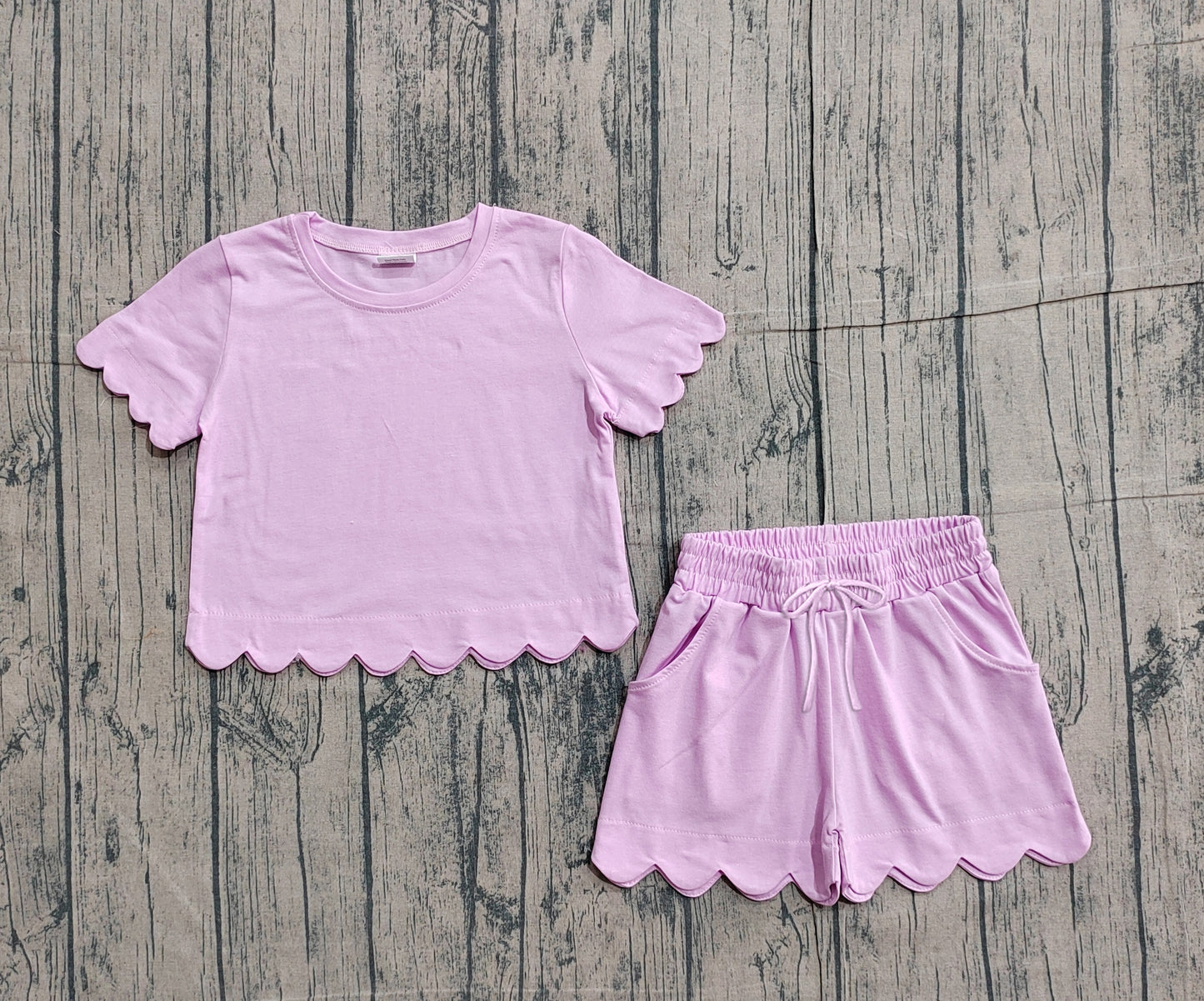 1.22 GSSO3173 Sample No Moq Baby Girls Short Sleeve Pink Shirts Top Scallop Shorts Clothes Sets