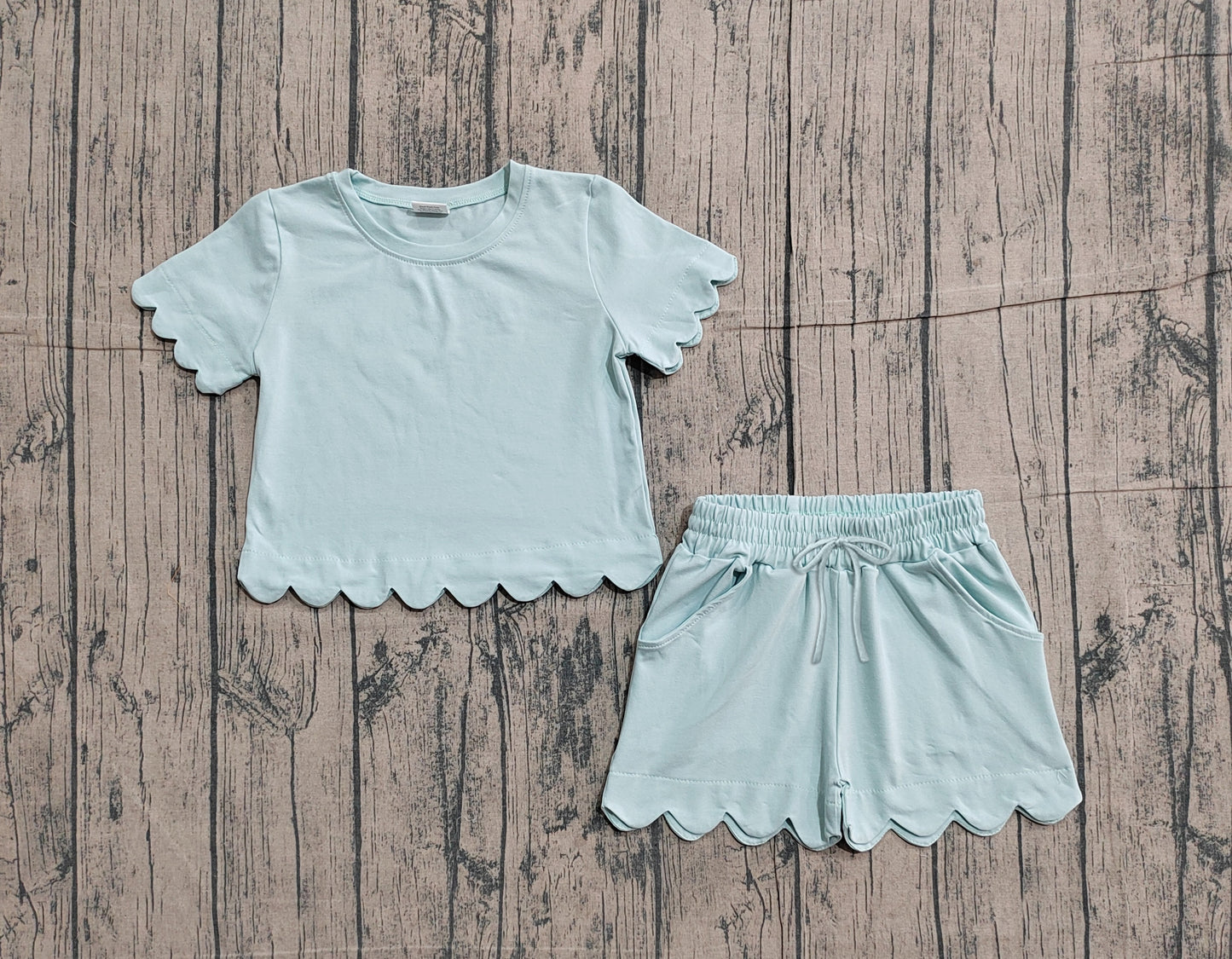 1.22 GSSO3174 Sample No Moq Baby Girls Short Sleeve Light Blue Shirts Top Scallop Shorts Clothes Sets