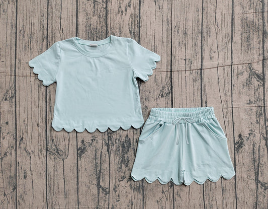 1.22 GSSO3174 Sample No Moq Baby Girls Short Sleeve Light Blue Shirts Top Scallop Shorts Clothes Sets