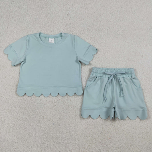 3.21 RTS NO MOQ （In stock）GSSO3174 Kids Clothing for Baby Girls Short Sleeve Light Blue Shirts Top Shorts Scallop Clothes Sets