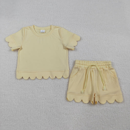 3.25 RTS NO MOQ （In stock）GSSO3175 Kids Clothing for Baby Girls Short Sleeve Yellow Shirts Top Shorts Scallop Clothes Sets
