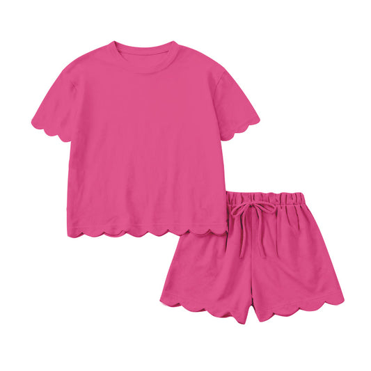 1.15 GSSO3176 Pre order No Moq Baby Girls Short Sleeve Hot Pink Shirts Top Shorts Clothes Sets
