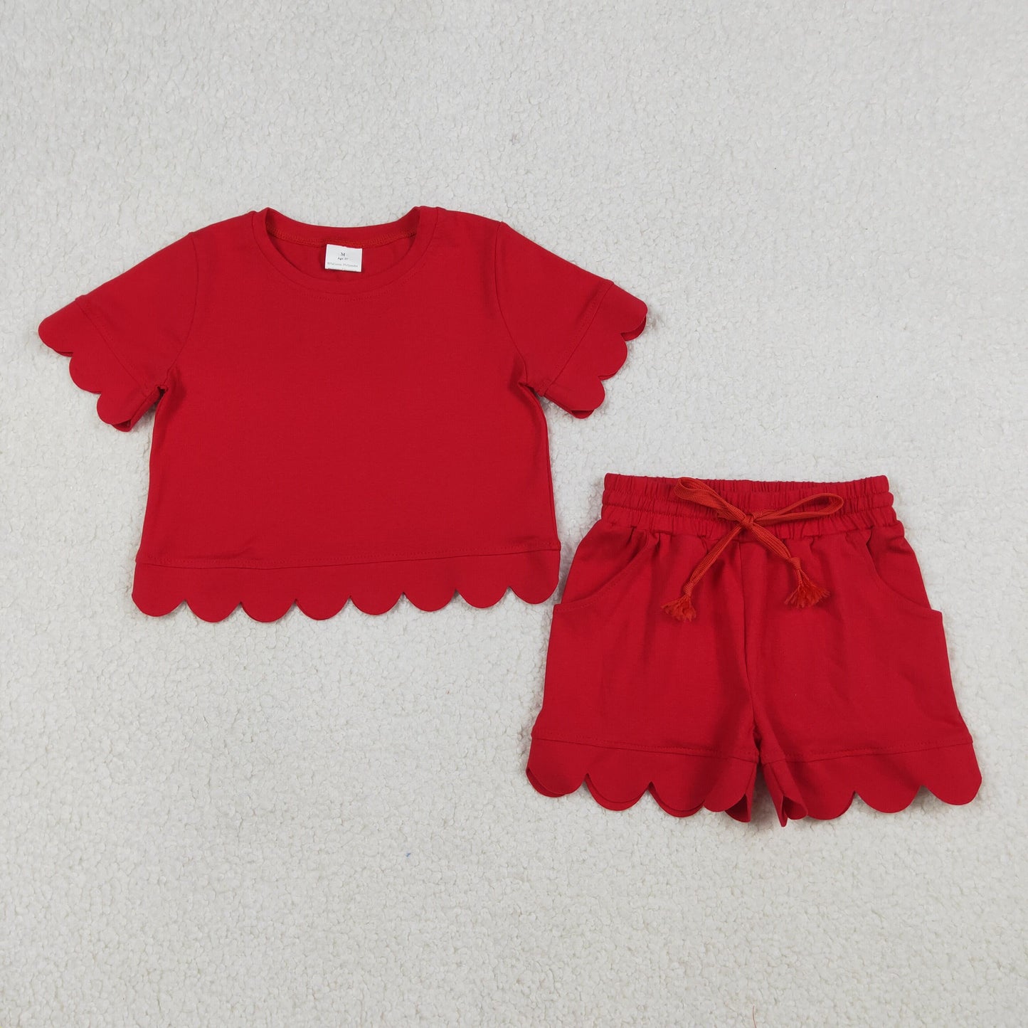 3.21 RTS NO MOQ （In stock）GSSO3177 Kids Clothing for Baby Girls Short Sleeve Red Shirts Top Shorts Scallop Clothes Sets