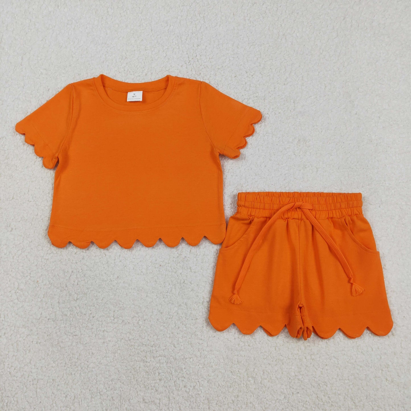 3.11 RTS NO MOQ （In stock）GSSO3178 Kids Clothing for Girls Baby Girls Short Sleeve Orange Shirts Top Scallop Shorts Clothes Sets
