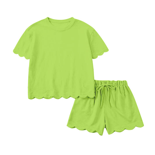 1.15 GSSO3179 Pre order No Moq Baby Girls Short Sleeve Green Shirts Top Shorts Clothes Sets