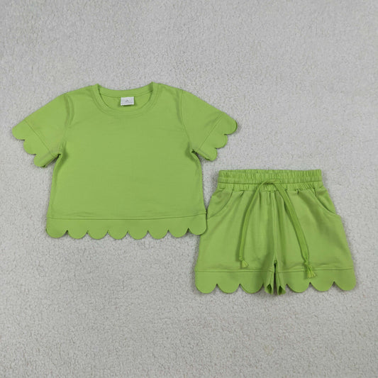 3.21 RTS NO MOQ （In stock）GSSO3179 Kids Clothing for Baby Girls Short Sleeve Green Shirts Top Shorts Scallop Clothes Sets