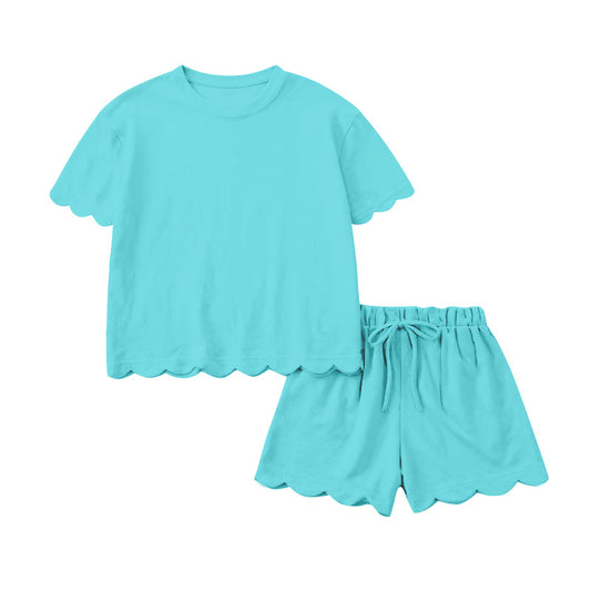 1.15 GSSO3180 Pre order No Moq Baby Girls Short Sleeve Blue Shirts Top Shorts Clothes Sets