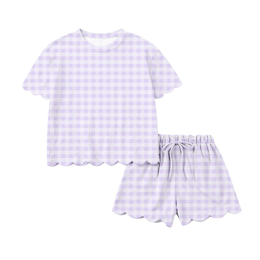 1.15 GSSO3181 Pre order No Moq Baby Girls Short Sleeve Lavender Checked Shirts Top Shorts Clothes Sets