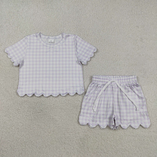 3.17 RTS NO MOQ （In stock）GSSO3181 Fashion Clothing For Baby Girls Lavender Checked Shirts Top Scallop Shorts Clothes Sets