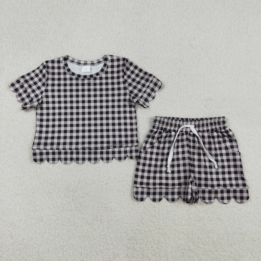 3.27 RTS NO MOQ （In stock）GSSO3182 Kids Clothing for Baby Girls Short Sleeve  Black Checked Top Shorts Scallop Clothes Sets