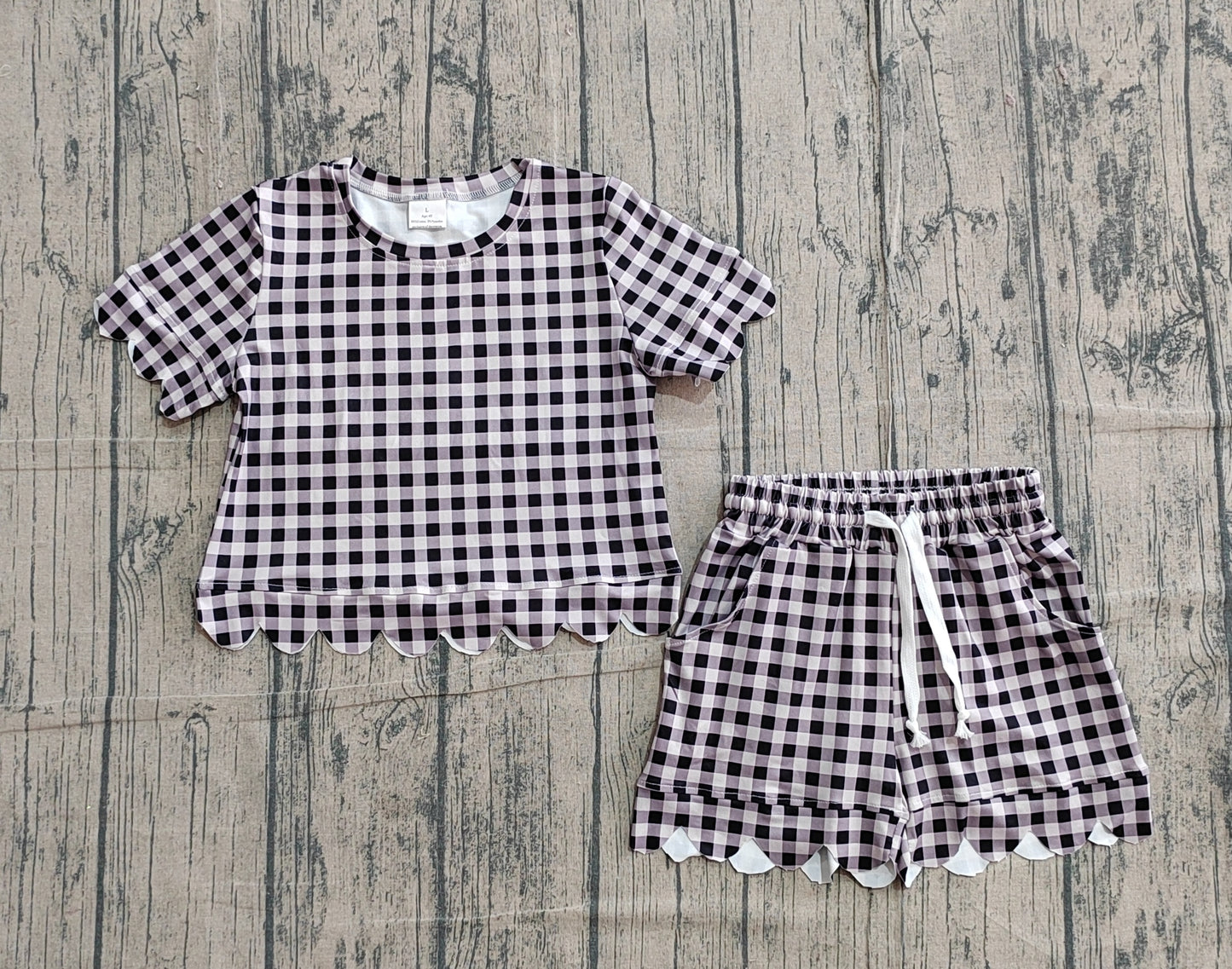 3.7 GSSO3182 Sample No Moq Baby Girls Short Sleeve Black Checked Shirts Top Scallop Shorts Clothes Sets