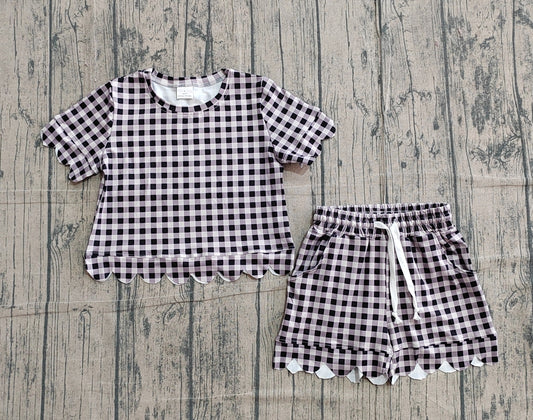 3.7 GSSO3182 Sample No Moq Baby Girls Short Sleeve Black Checked Shirts Top Scallop Shorts Clothes Sets