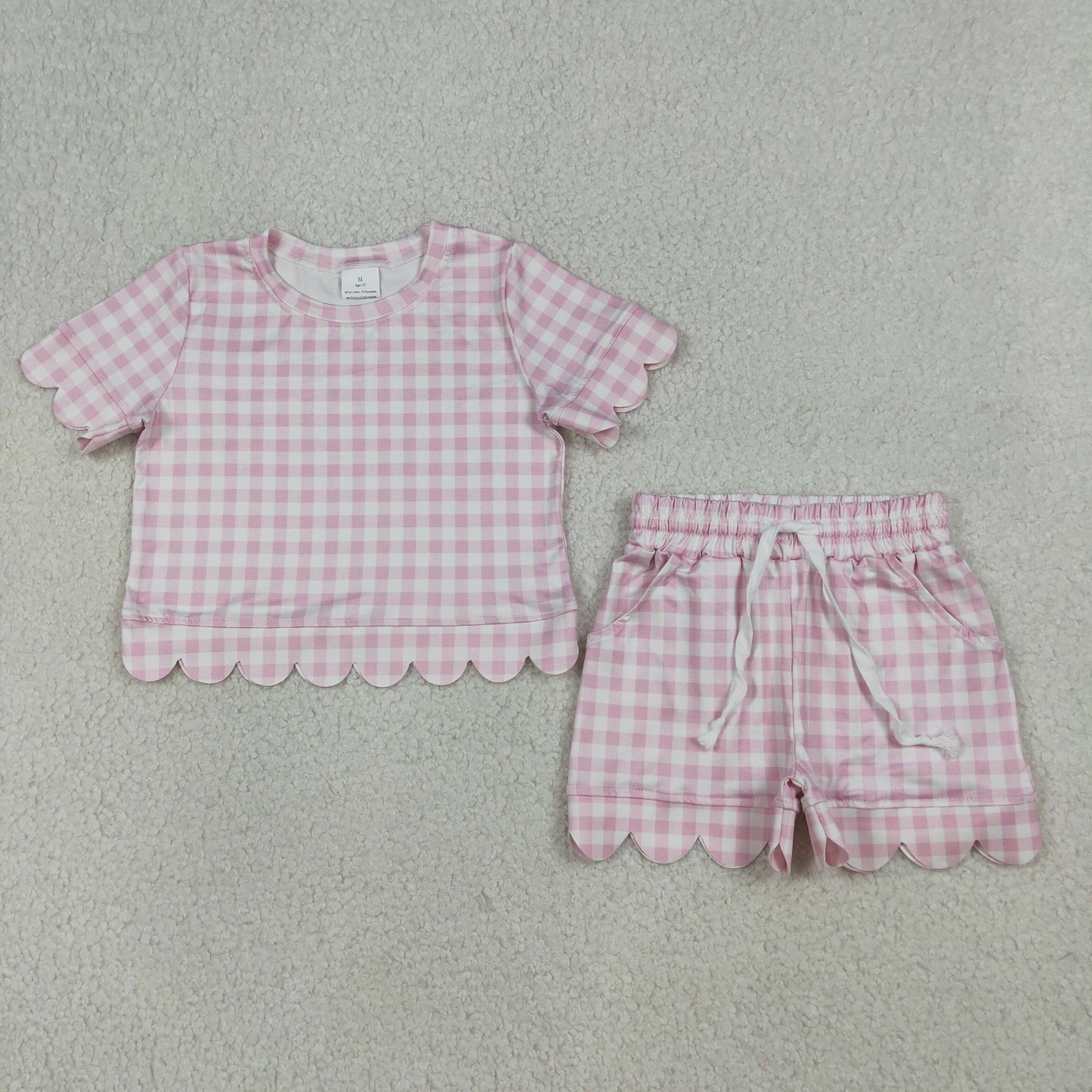 3.31 RTS NO MOQ （In stock） GSSO3183 Pink plaid scallop top shorts girls summer outfit
