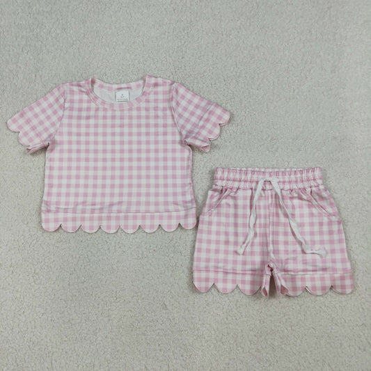 3.31 RTS NO MOQ （In stock） GSSO3183 Pink plaid scallop top shorts girls summer outfit