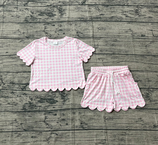 1.24 GSSO3183 Sample No Moq Baby Girls Short Sleeve Light Pink Checked Shirts Top Scallop Shorts Clothes Sets
